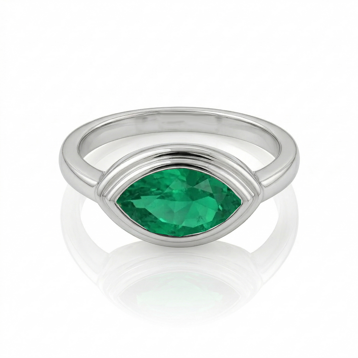 Natural Green Emerald Marquise Cut Pinky Ring WG3