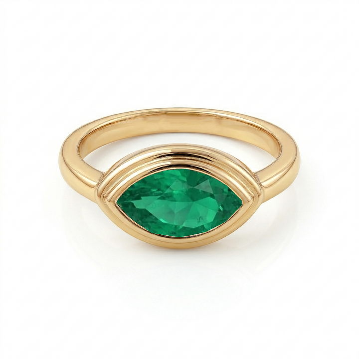Natural Green Emerald Marquise Cut Pinky Ring YG2