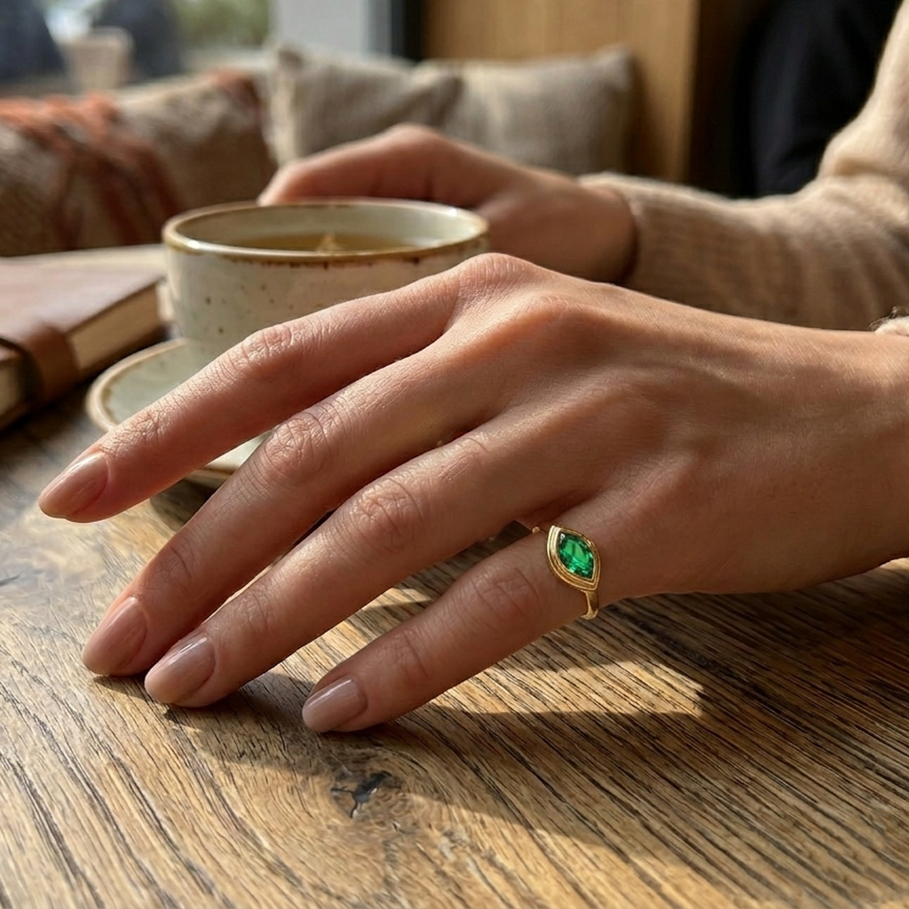 Natural Green Emerald Marquise Shape Pinky Ring
