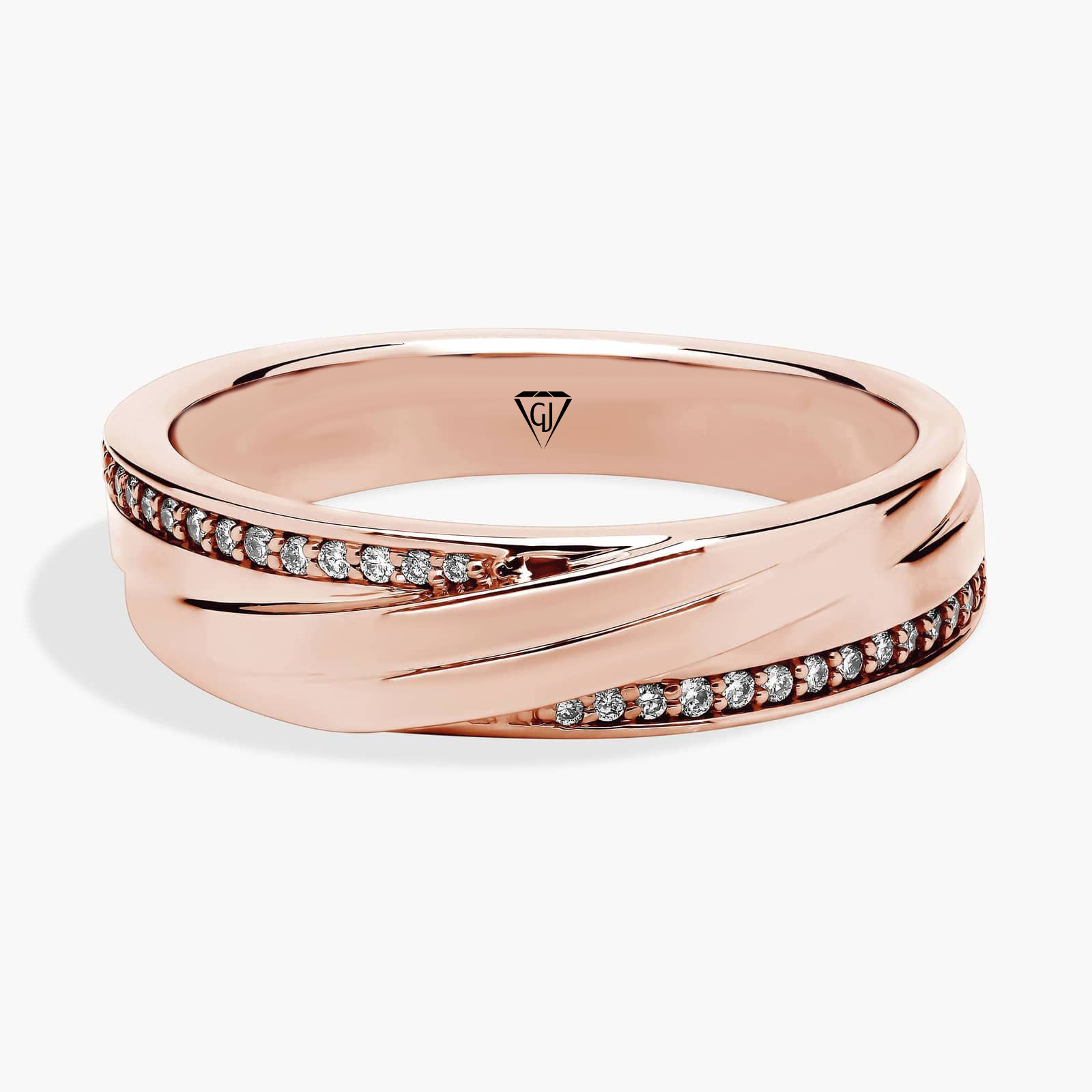 Men’s Diagonal Groove Wedding Ring with Pavé Diamond Edge RG 
