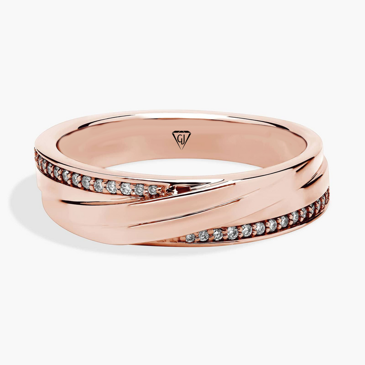 Men’s Diagonal Groove Wedding Ring with Pavé Diamond Edge RG 