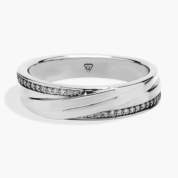 Men’s Diagonal Groove Wedding Ring with Pavé Diamond Edge WG