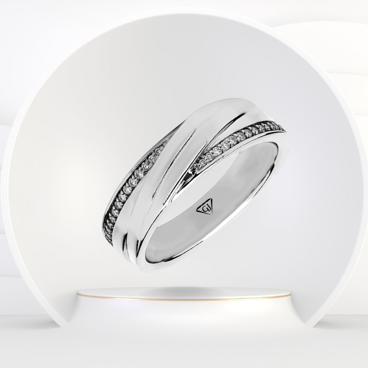 Men’s Diagonal Groove Wedding Ring with Pavé Diamond Edge