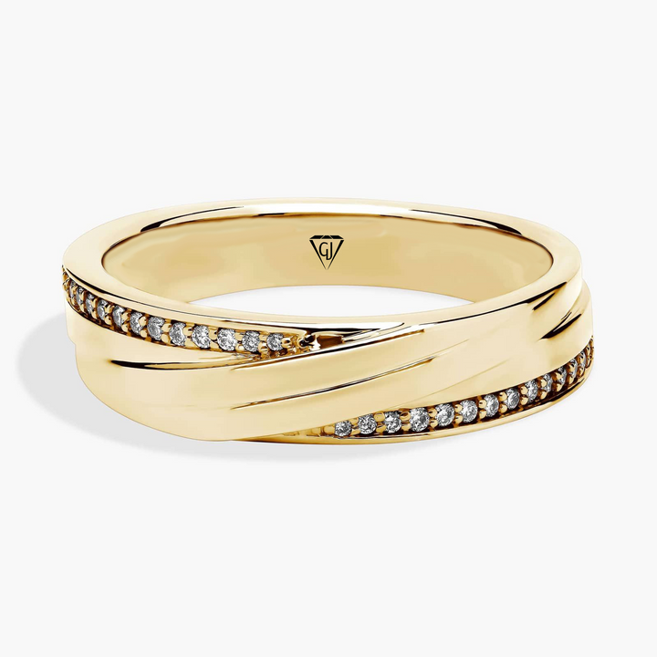 Men’s Diagonal Groove Wedding Ring with Pavé Diamond Edge YG