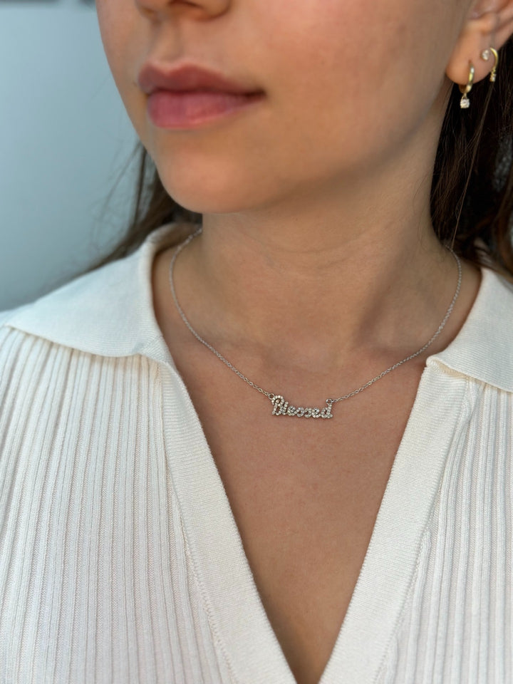 Model Wearing 3/4CT Custom Diamond Name Pendant Necklace