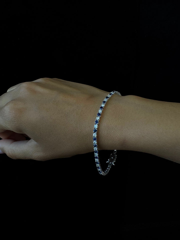 Model Wearing Natural Diamond & Sapphire Tennis Bracelet Gold