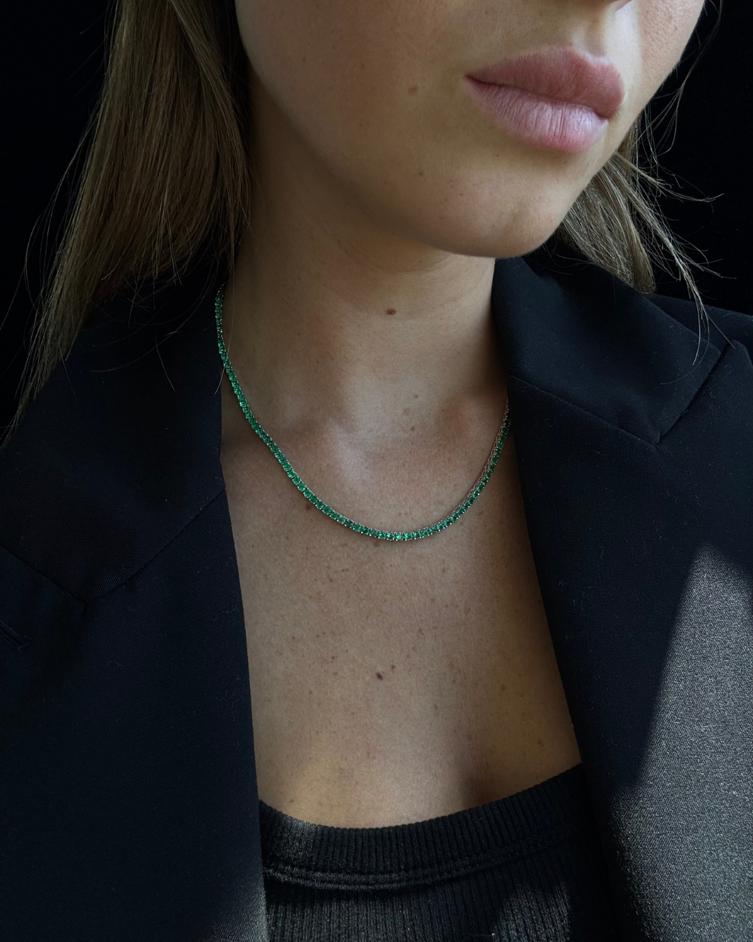 Model Wearing Natural Green Emerald Tennis Necklace White Gold