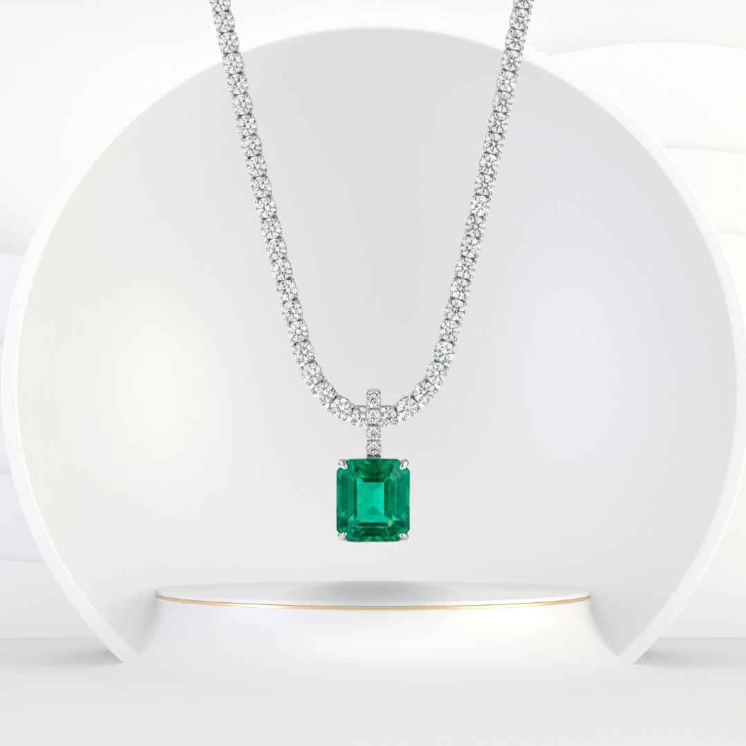 Natural Diamond Tennis Neck with Natural Green Emerald Pendant