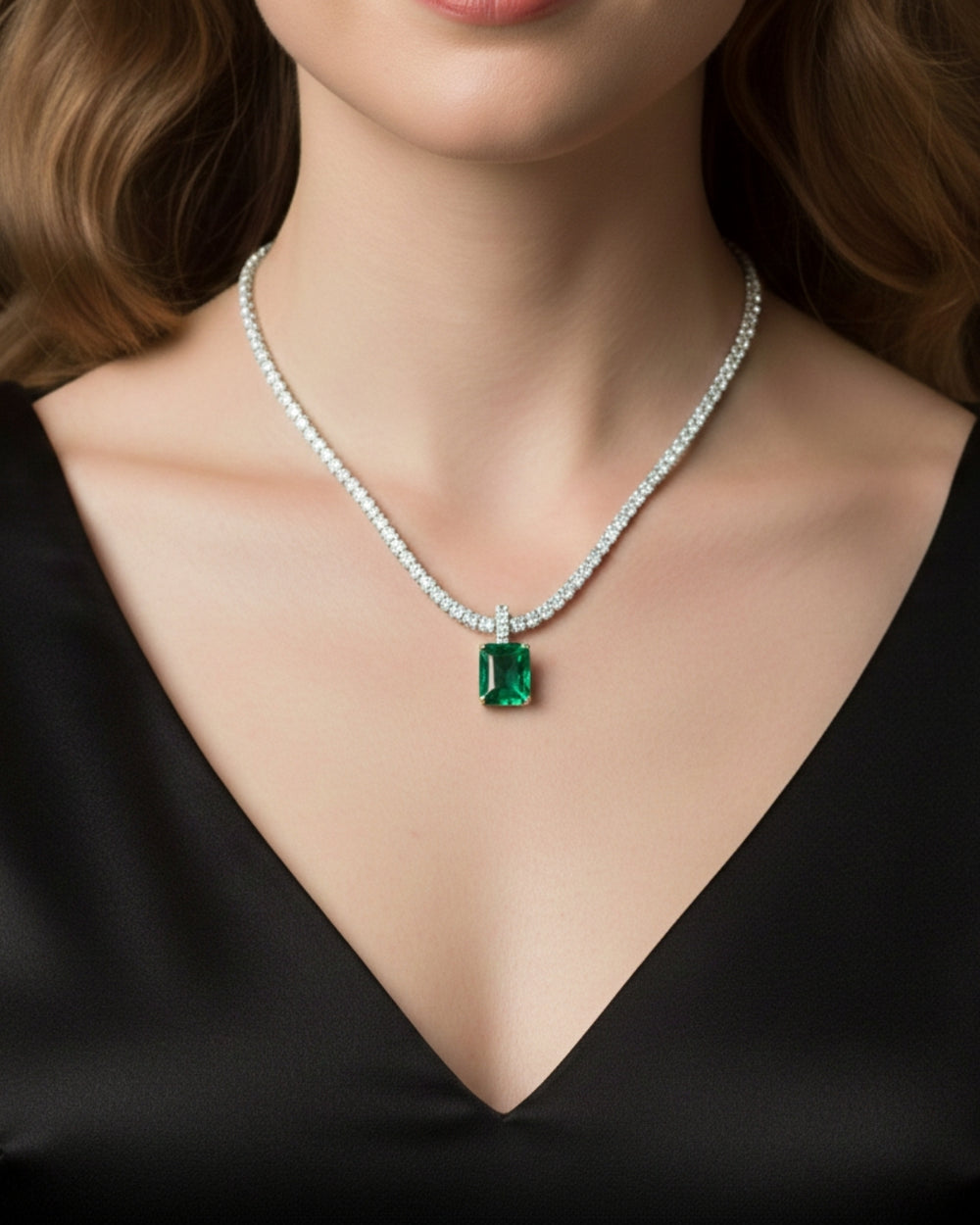Natural Diamond Tennis Neck with Natural Green Emerald Pendant White