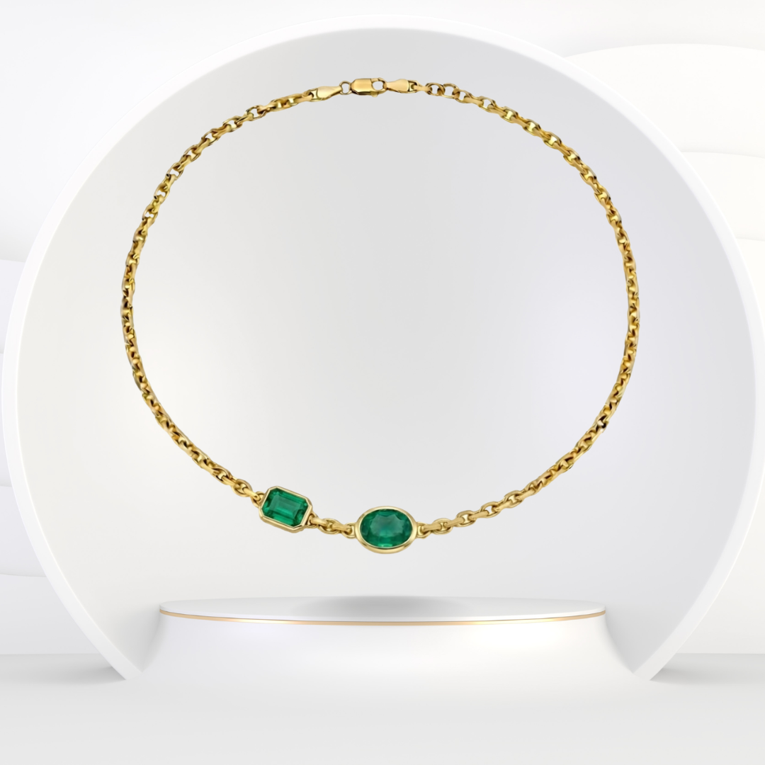 Natural Green Emerald Oval and Emerald Shape Chain Necklace