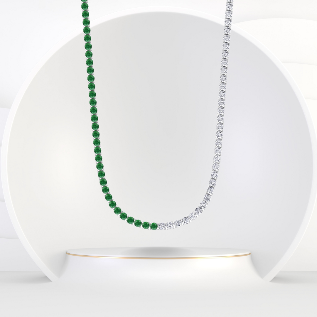 Natural Half Green Emerald and Diamond Tennis Necklace