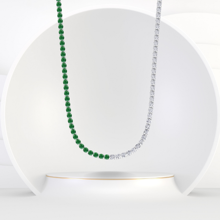 Natural Half Green Emerald and Diamond Tennis Necklace