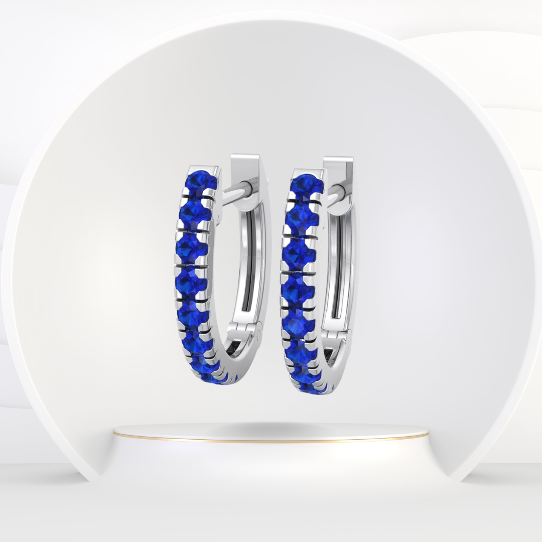 Natural Blue Sapphire Round Shape Huggie Hoop Earrings Solid Gold
