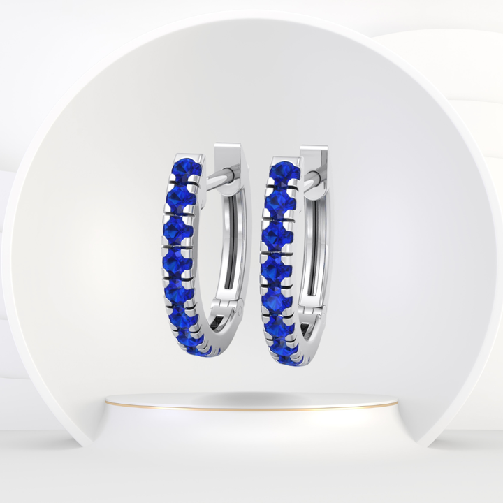Natural Blue Sapphire Round Shape Huggie Hoop Earrings Solid Gold