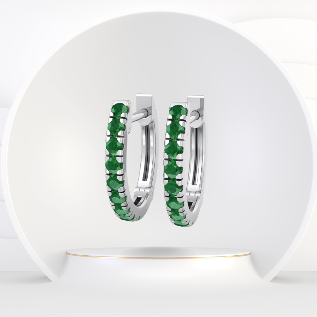 Natural Green Emerald Round Shape Huggie Hoop Earrings Solid Gold