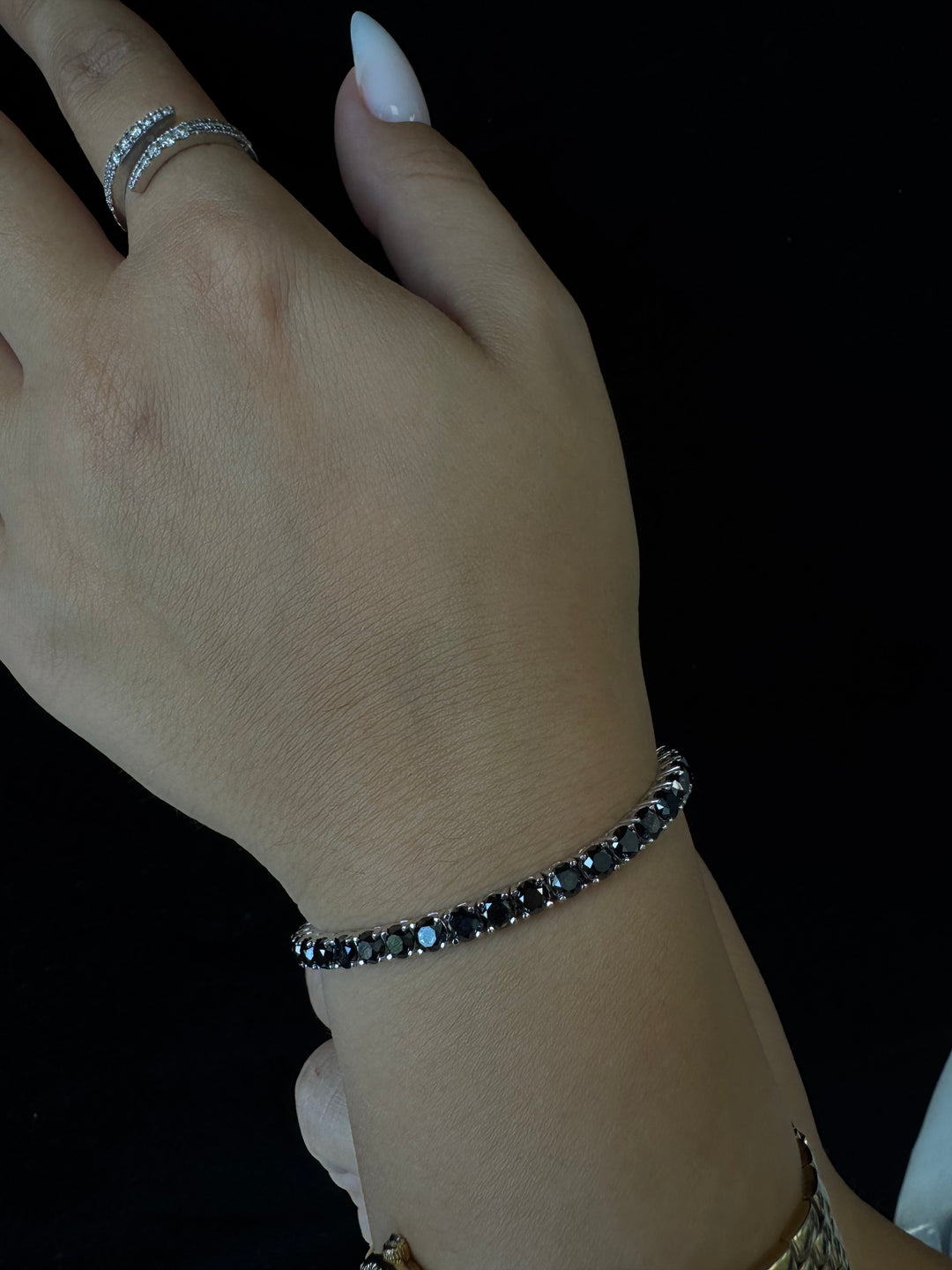 Natural Black Diamond Tennis Bracelet in Platinum, Model Wrist