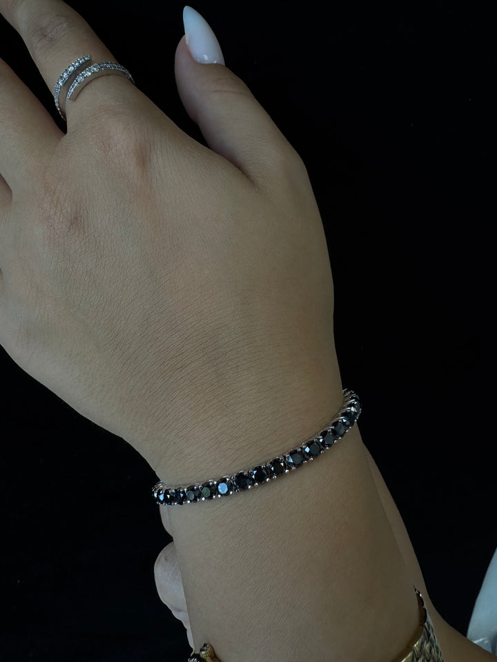 Natural Black Diamond Tennis Bracelet in Platinum, Model Wrist