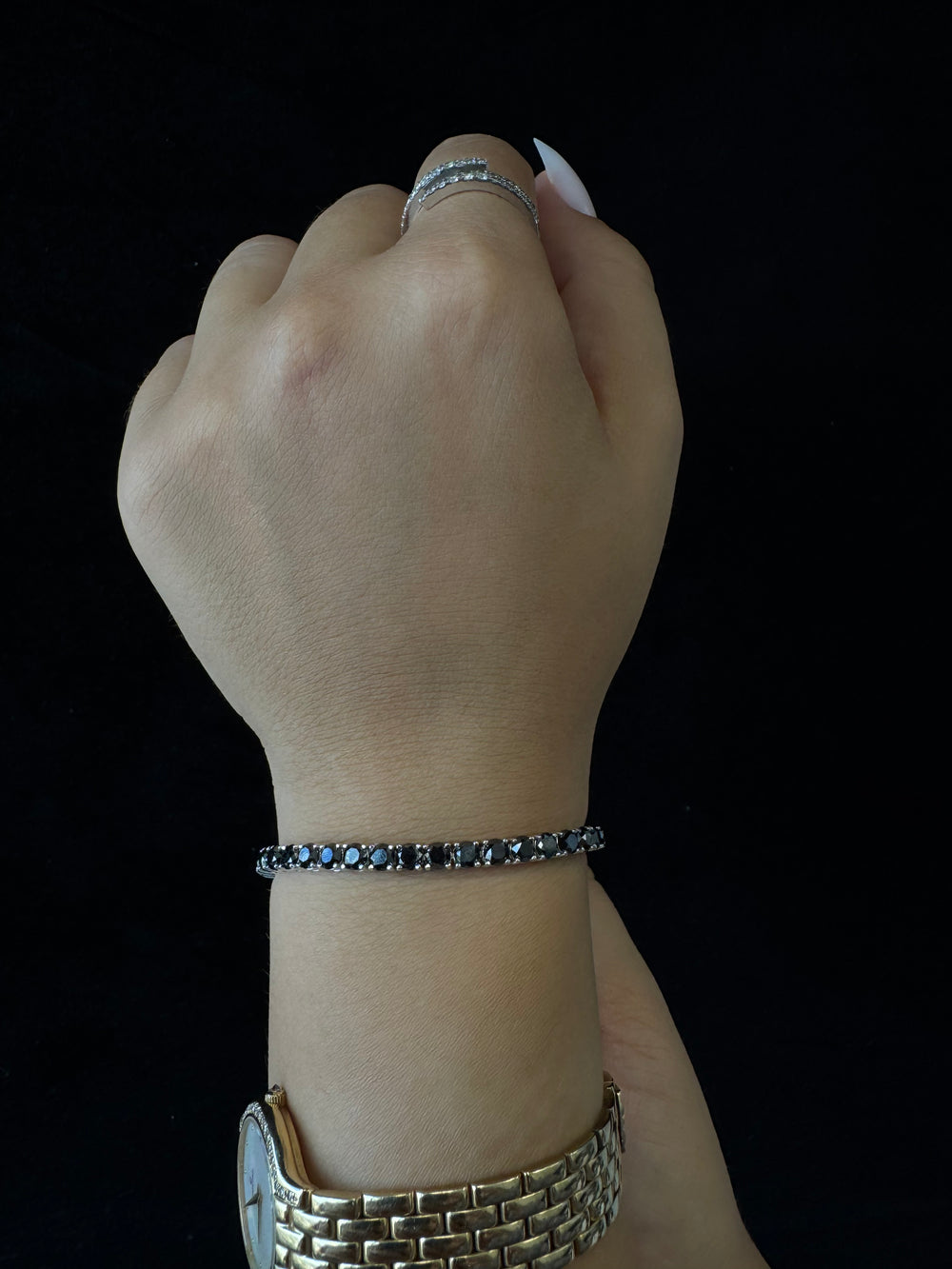 Natural Black Diamond Tennis Bracelet in Platinum, On Wrist