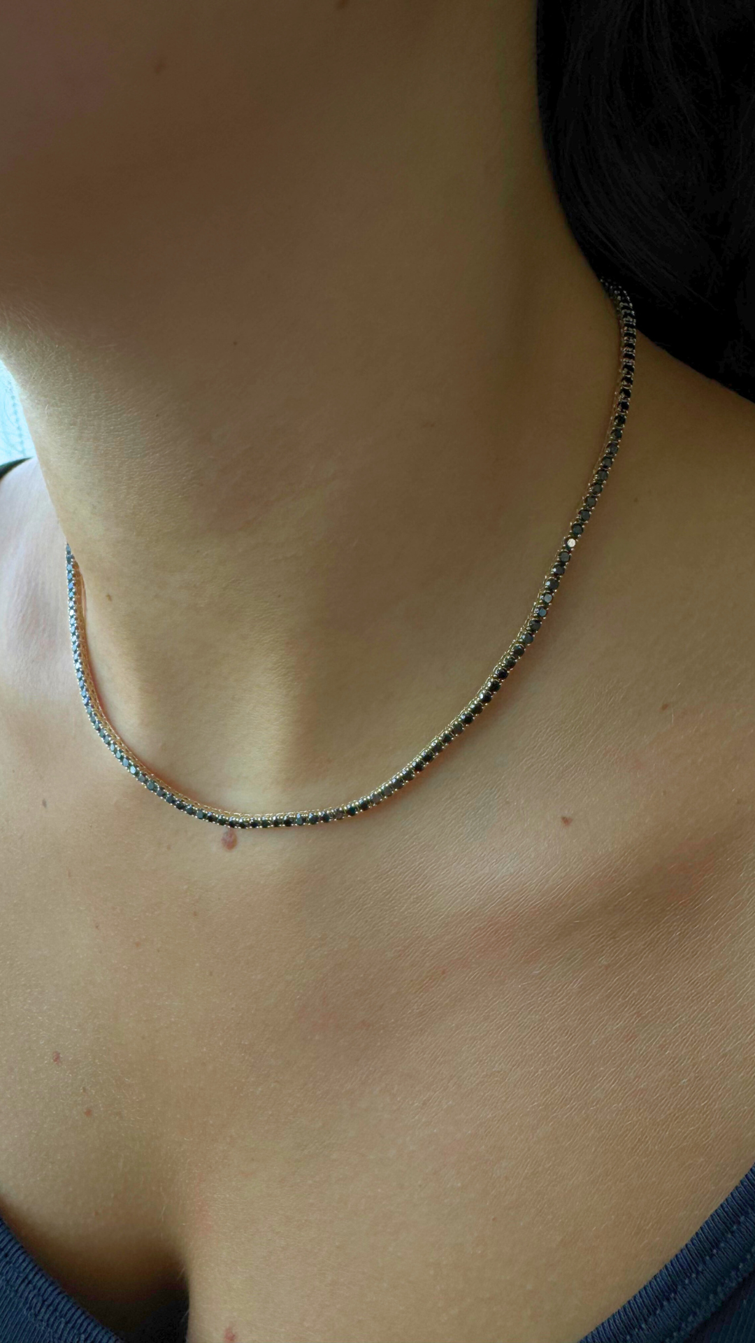 Natural Black Diamond Tennis Necklace 4-Prong 14K Gold, Model Neck