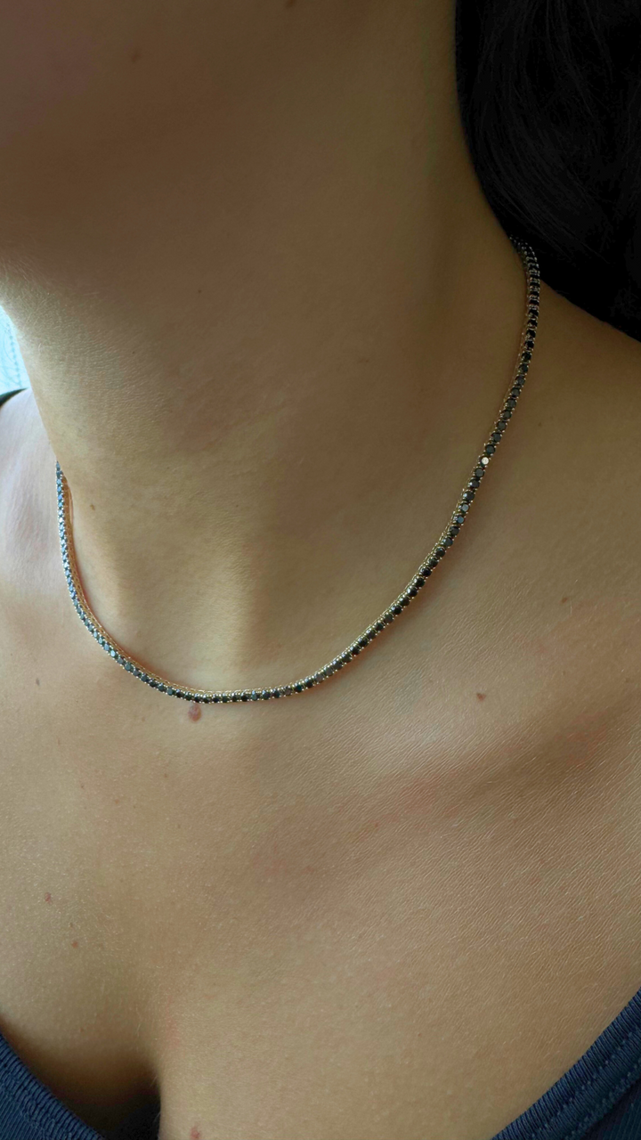 Natural Black Diamond Tennis Necklace 4-Prong 14K Gold, Model Neck