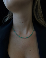 Natural Green Emerald Tennis Necklace 14K Gold-Model Wearing