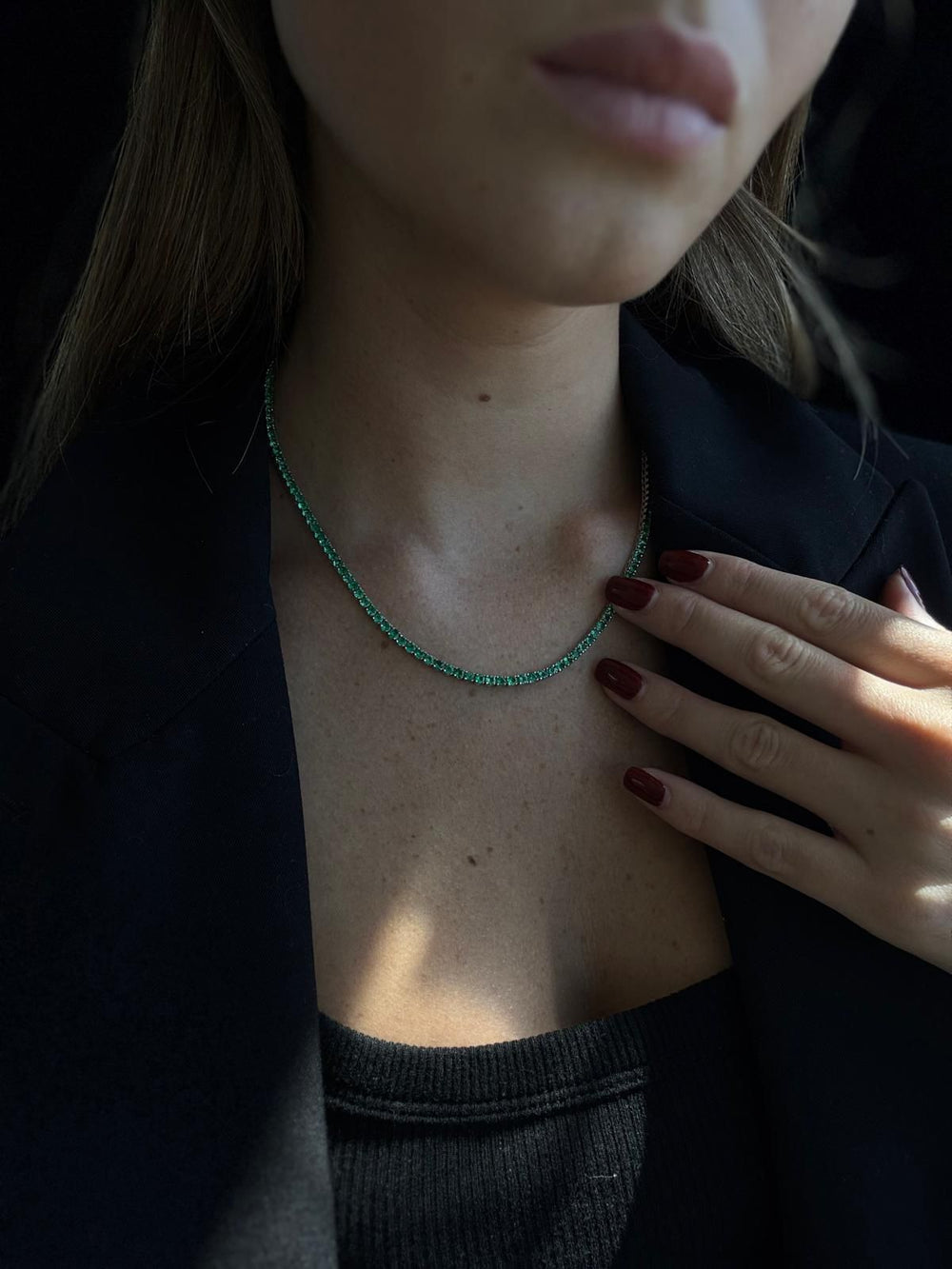 Natural Green Emerald Tennis Necklace 14K Solid Gold-On Neck