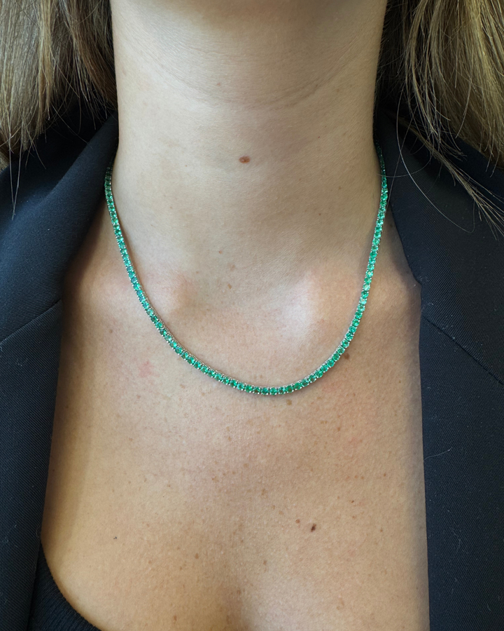 Natural Green Emerald Tennis Necklace White Gold-Neck