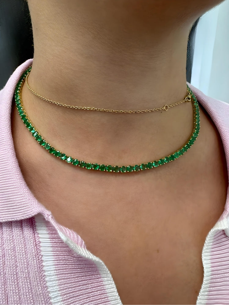 Natural Green Emerald Tennis Necklace Yellow Gold