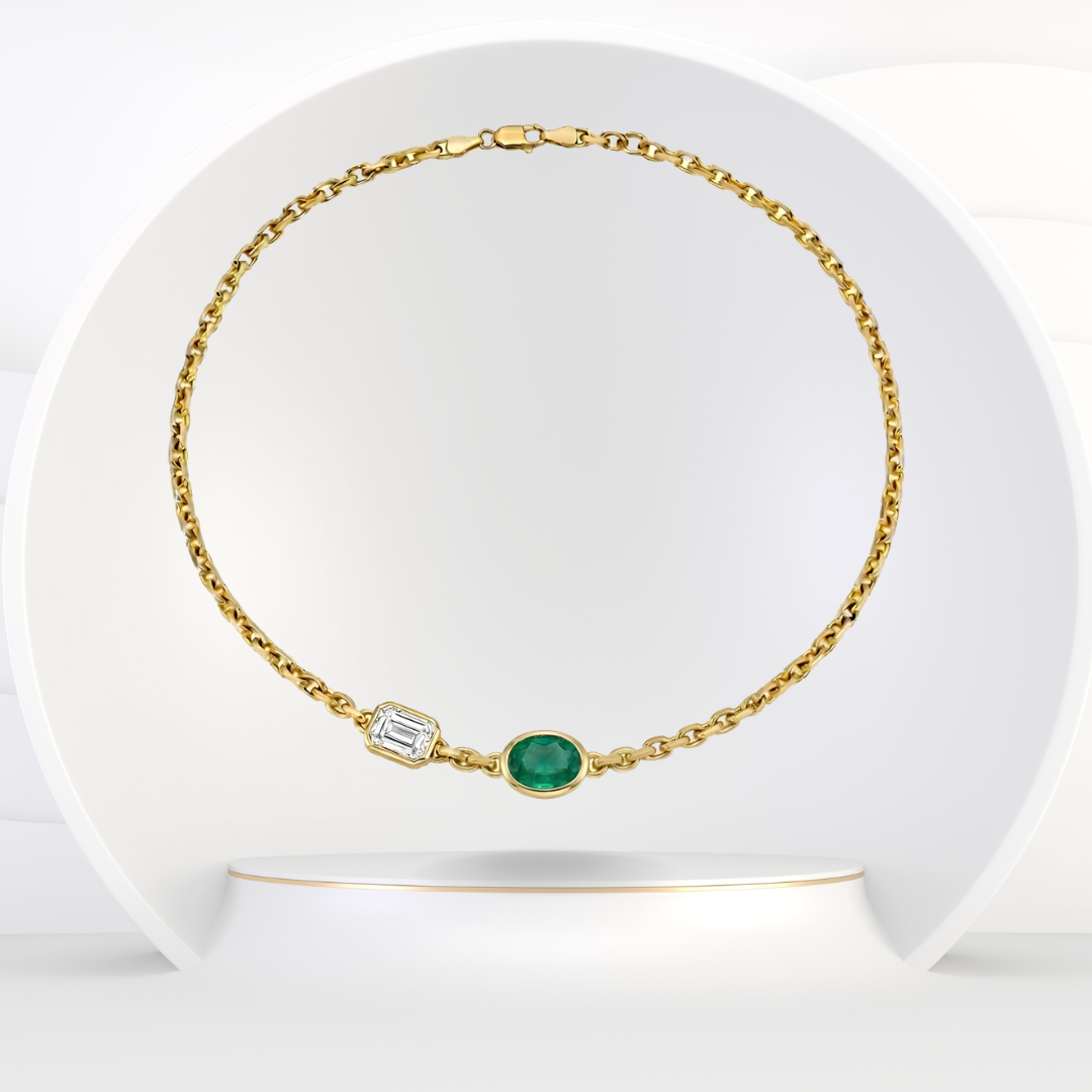 Natural Green Emerald and Diamond Chain Necklace