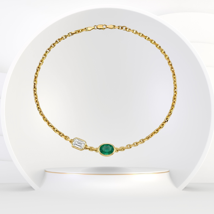 Natural Green Emerald and Diamond Chain Necklace