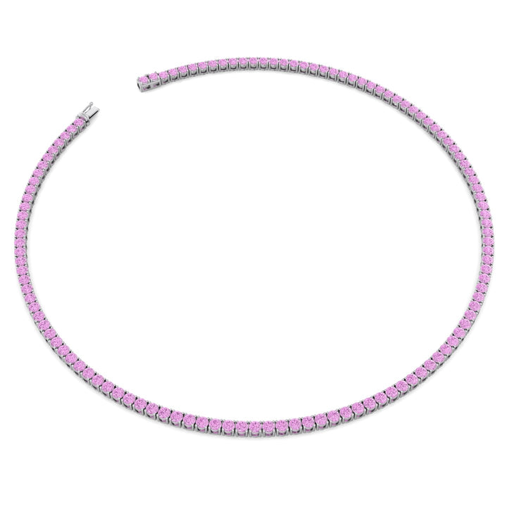 Natural Pink Sapphire Tennis Necklace-14K White, Open Clasp