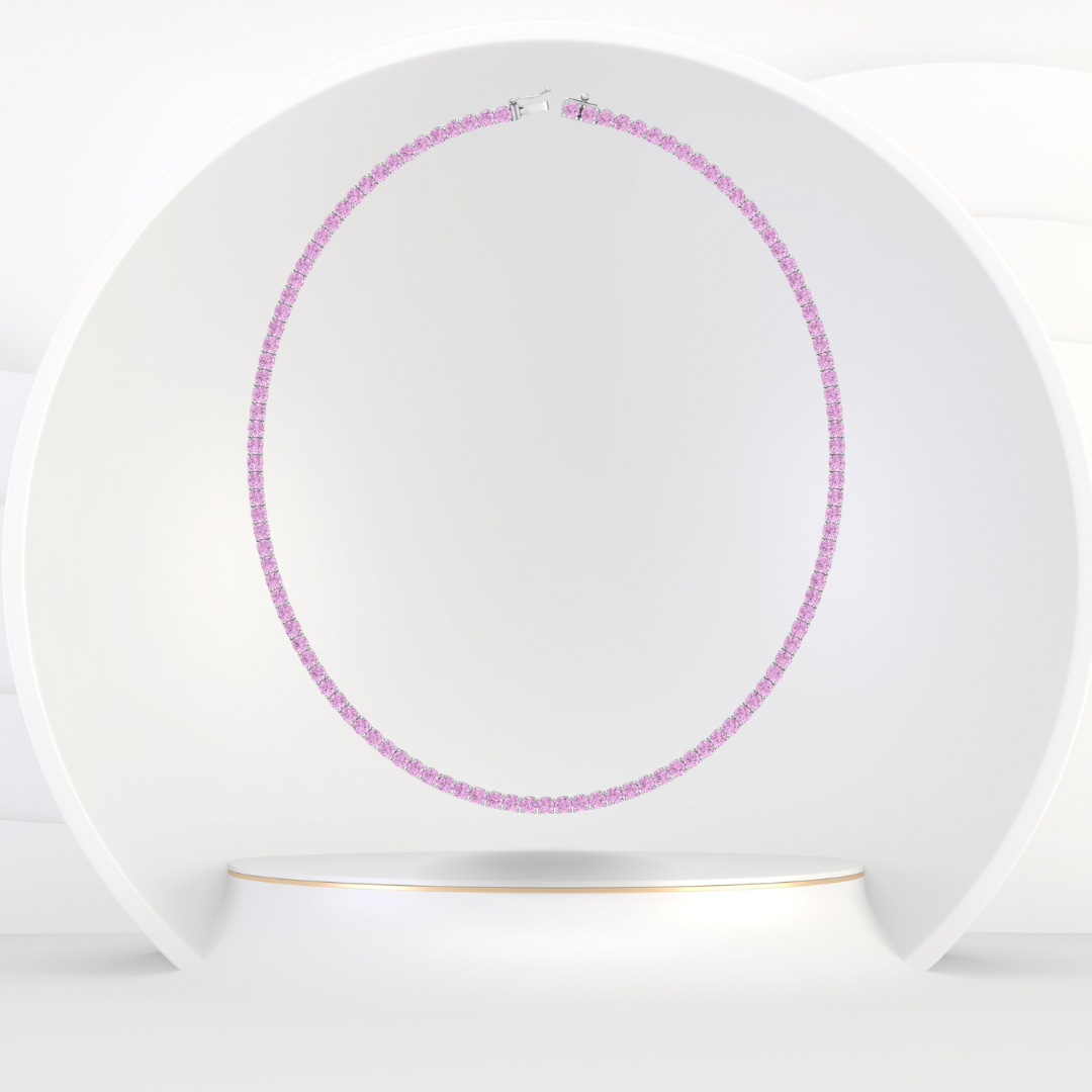 Natural Pink Sapphire Tennis Necklace - 14K Solid Gold