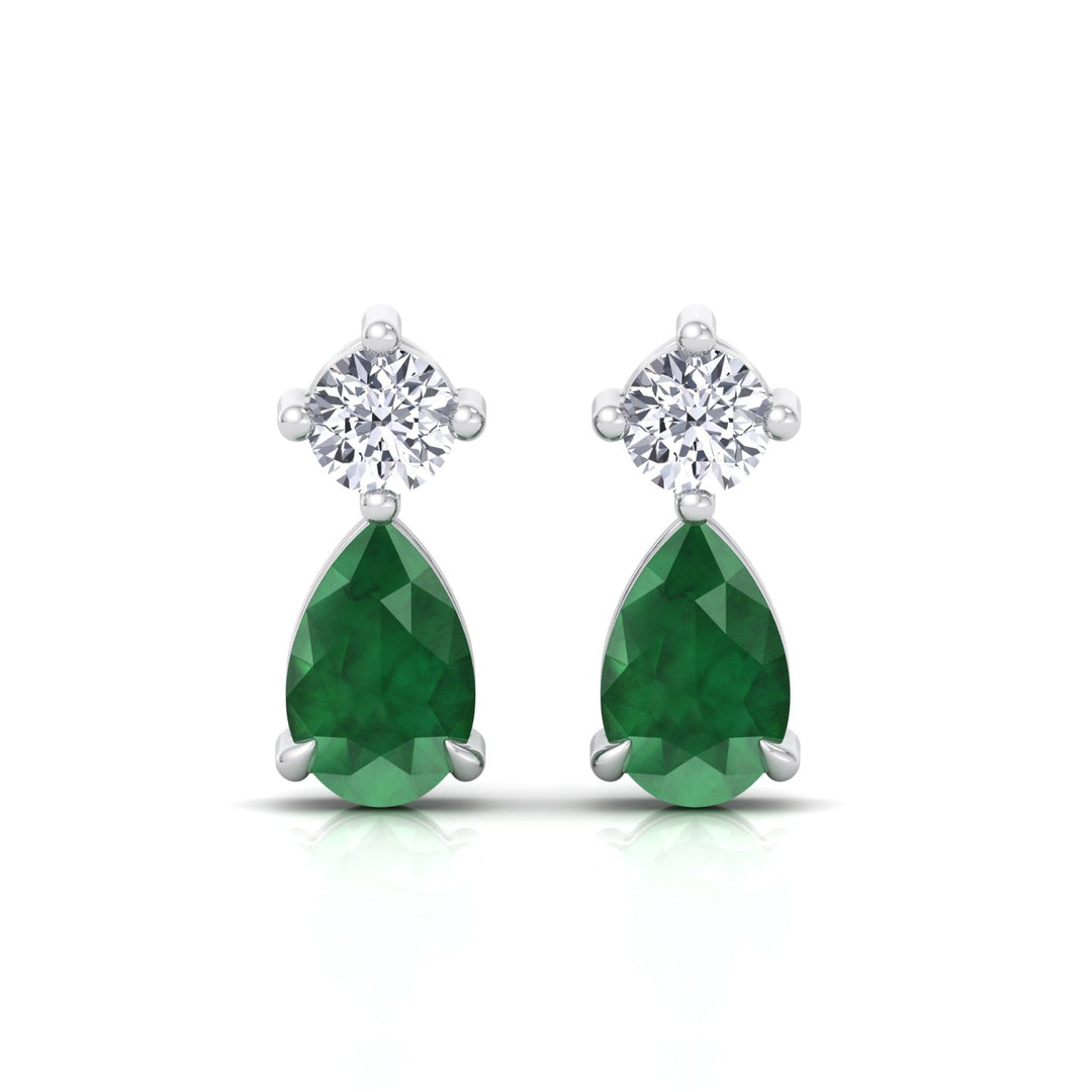 Natural Round Diamond & Pear Green Emerald Drop Earrings, Front
