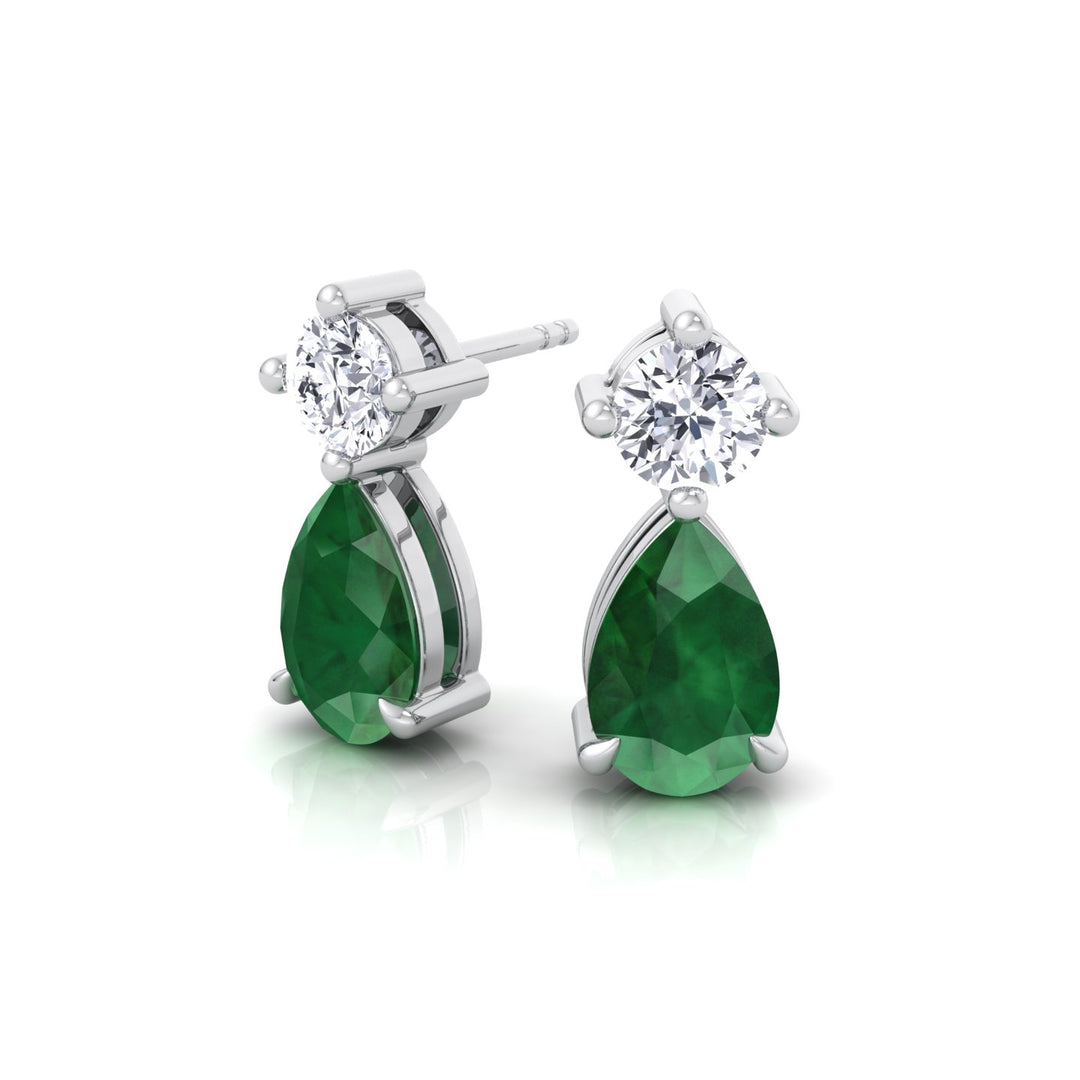 Natural Round Diamond & Pear Green Emerald Drop Earrings, White Gold