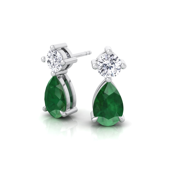 Natural Round Diamond & Pear Green Emerald Drop Earrings, White Gold