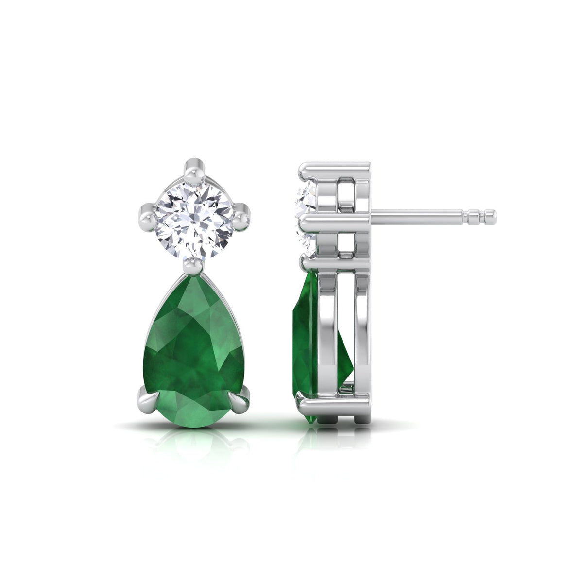 Natural Round Diamond & Pear Green Emerald Drop Earrings, White, Side Profile