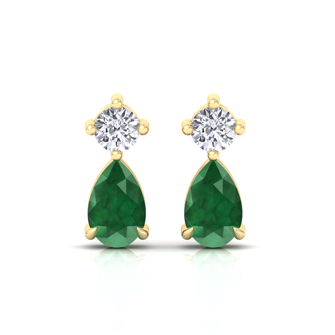 Natural Round Diamond & Pear Green Emerald Drop Earrings, Yellow Gold