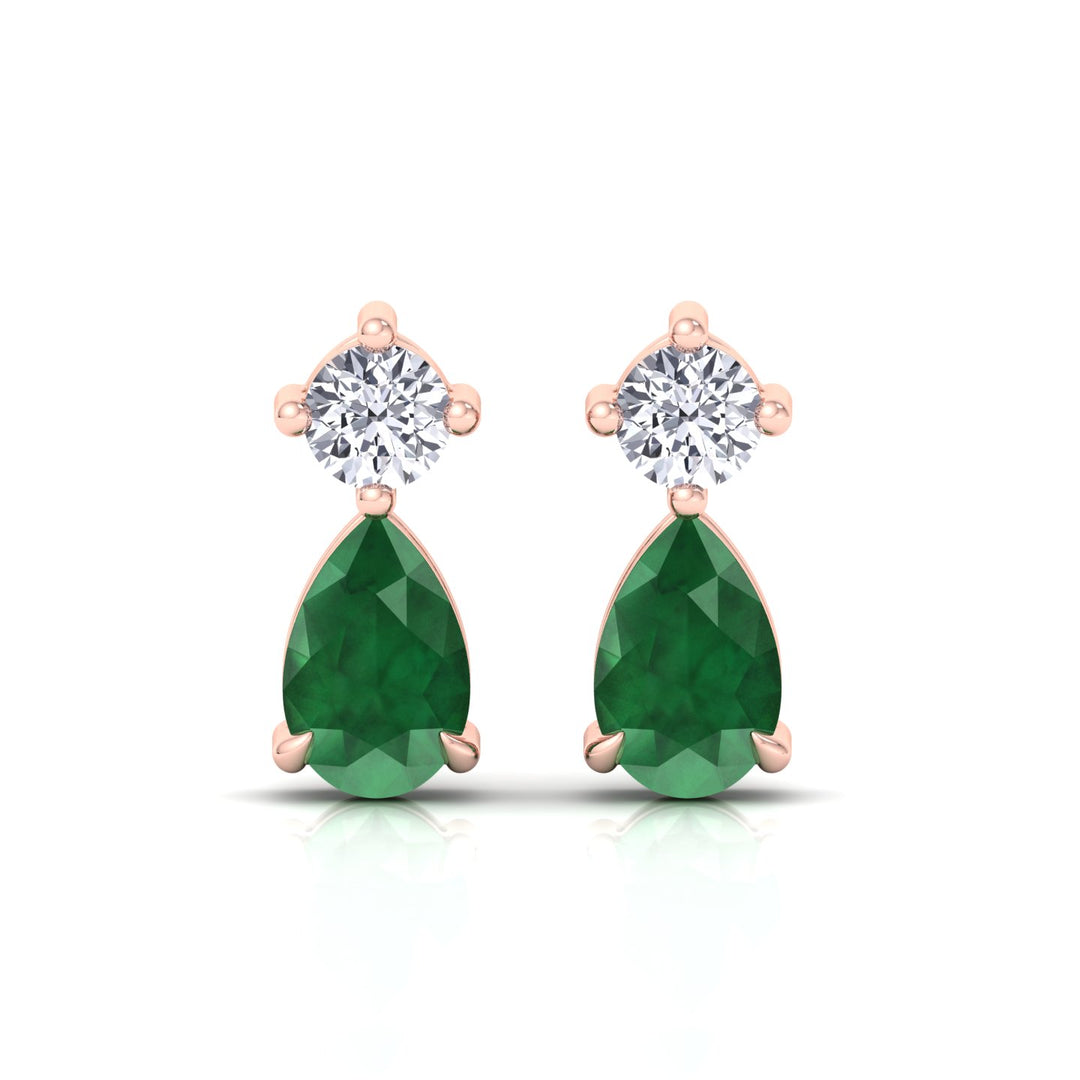 Natural Round Diamond & Pear Green Emerald Earrings, Rose Gold