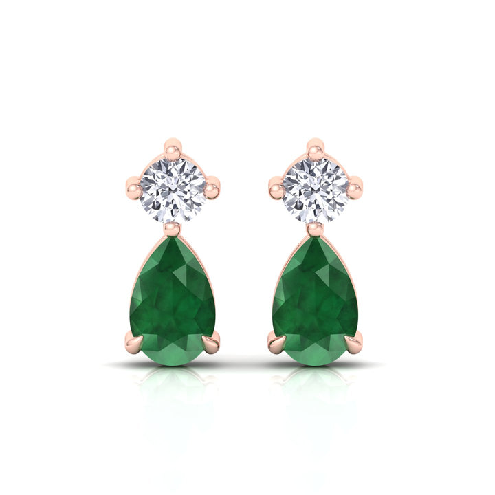 Natural Round Diamond & Pear Green Emerald Earrings, Rose Gold