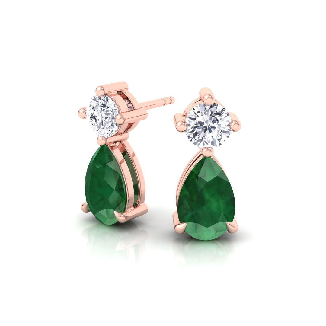 Natural Round Diamond & Pear Green Emerald Earrings, Rose Gold, Tilted