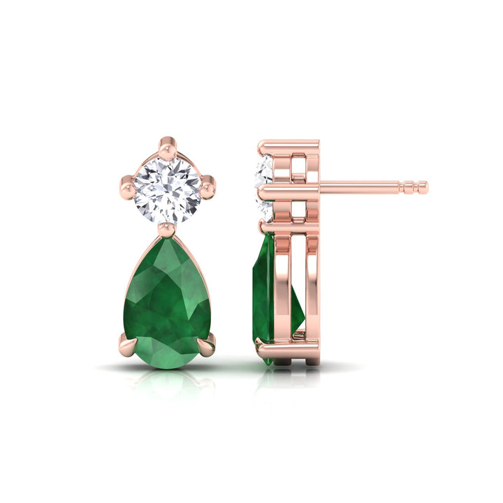Natural Round Diamond & Pear Green Emerald Earrings, Rose, Side Profile