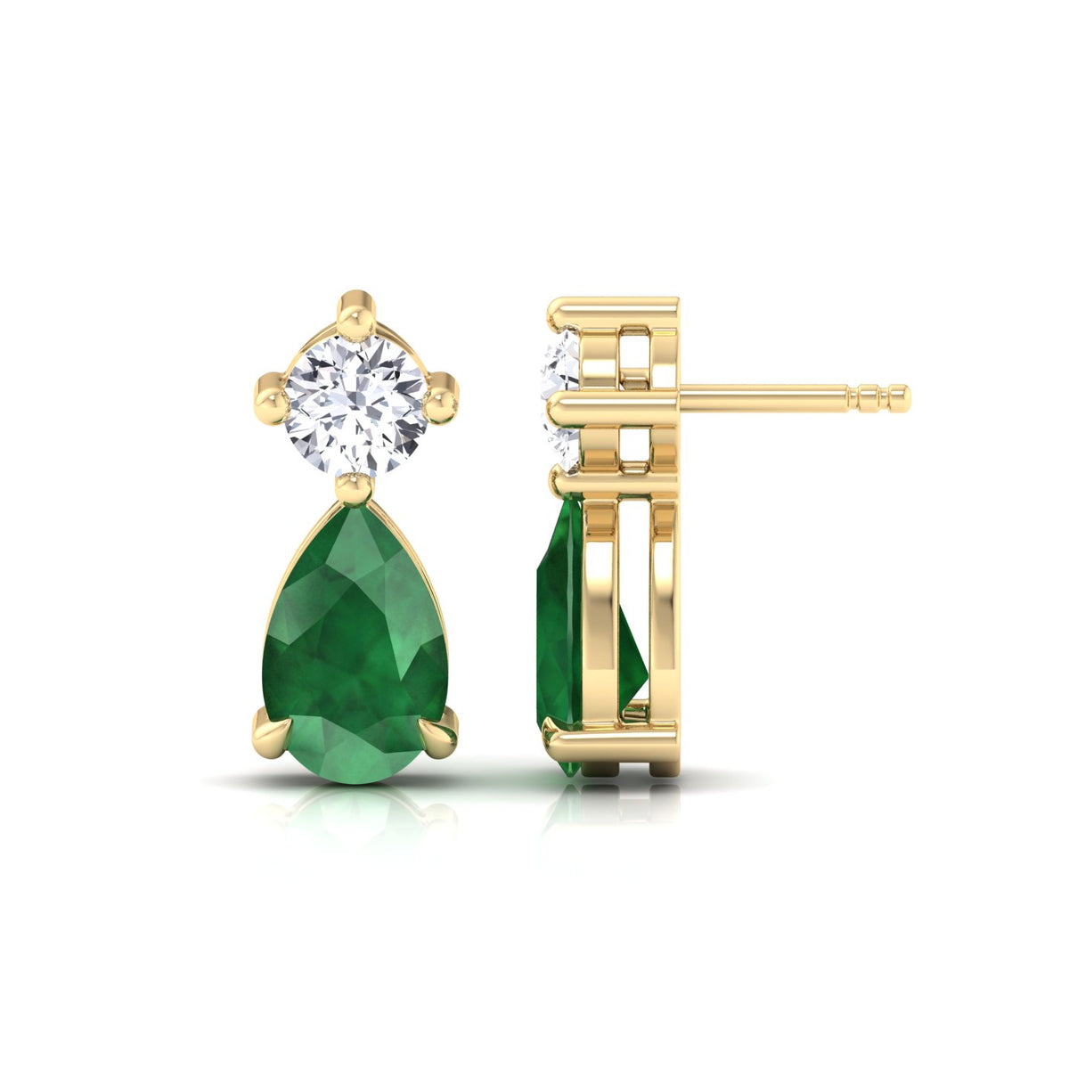 Natural Round Diamond & Pear Green Emerald Earrings, Yellow, Side Profile