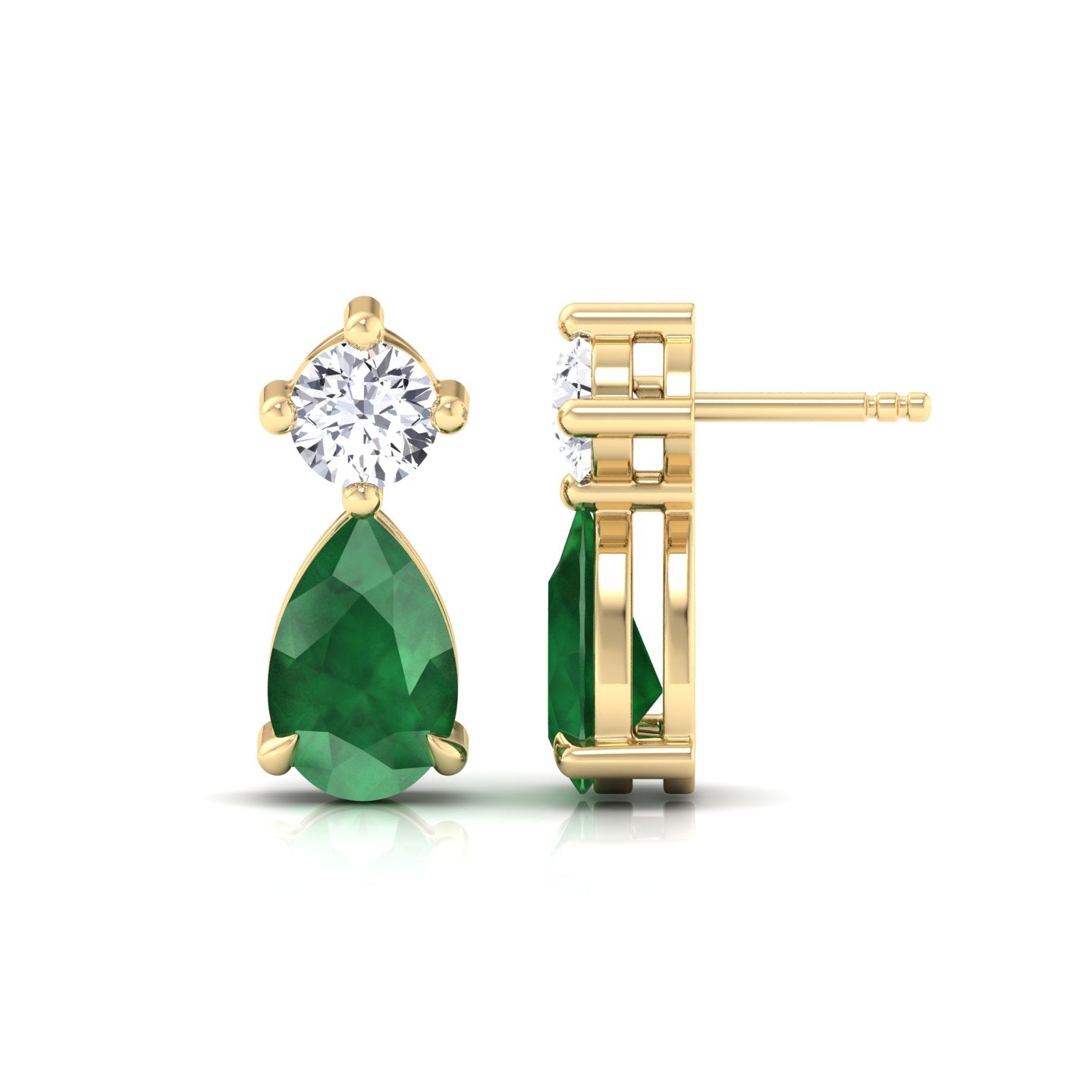 Natural Round Diamond & Pear Green Emerald Earrings, Yellow, Side Profile