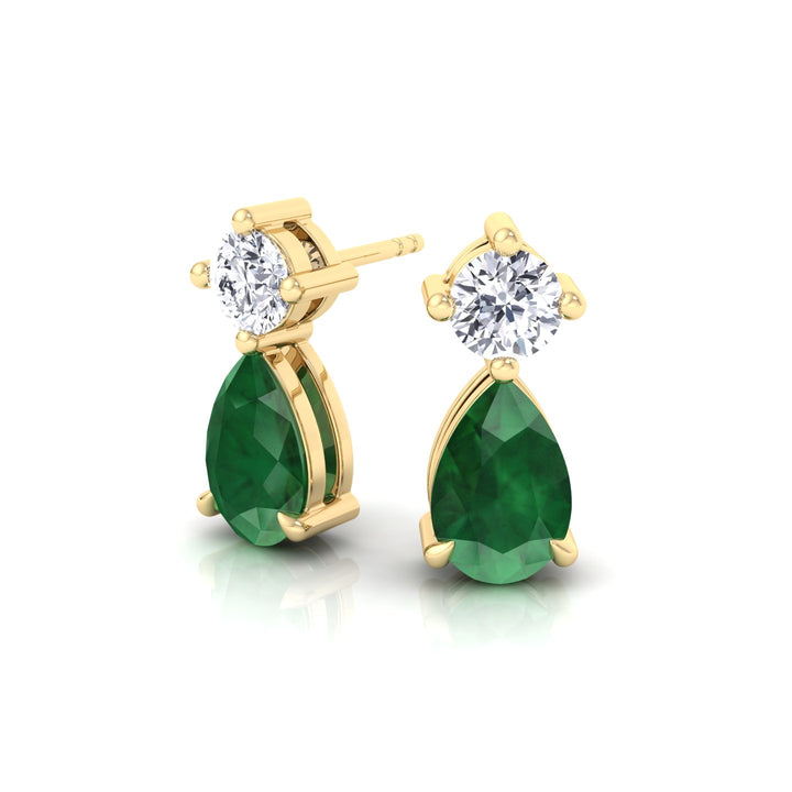 Natural Round Diamond & Pear Green Emerald Earrings, Yellow, Tilted