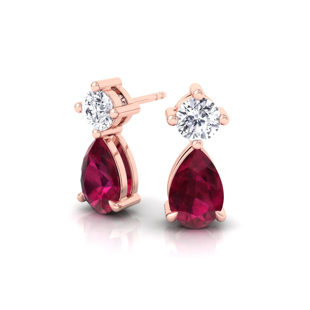 Natural Round Diamond & Pear Red Ruby Drop Earrings, Rose Gold, Backing