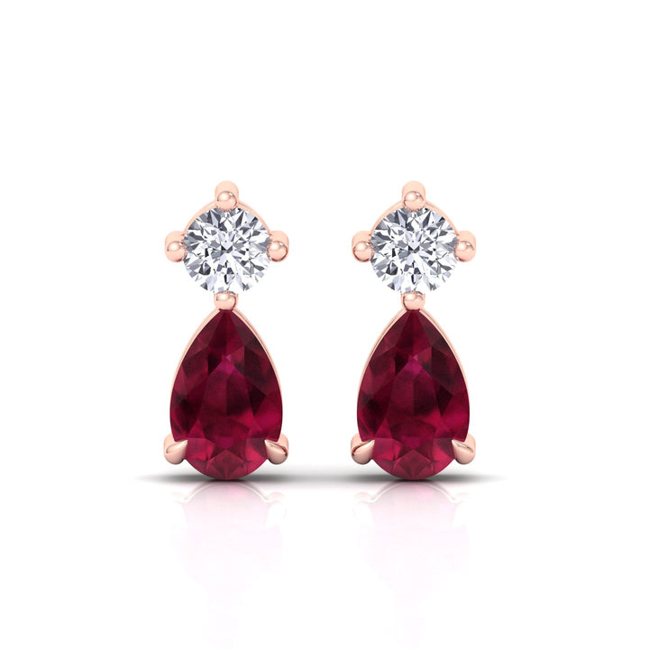 Natural Round Diamond & Pear Red Ruby Drop Earrings, Rose Gold, Front