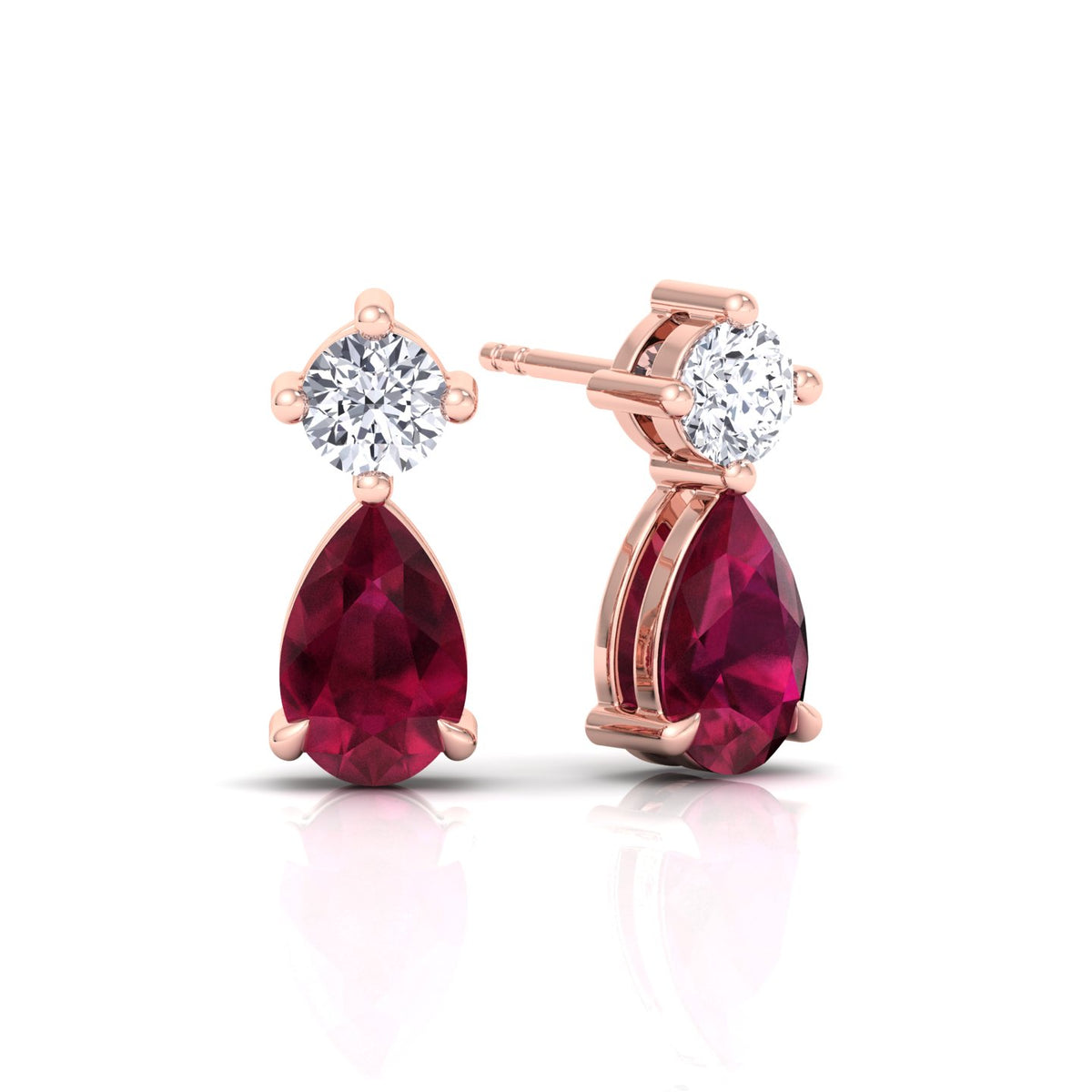 Natural Round Diamond & Pear Red Ruby Drop Earrings, Rose Gold, Tilted