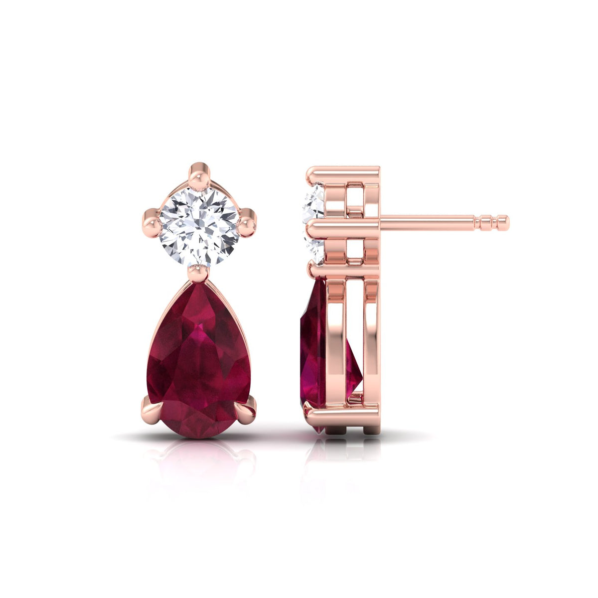 Natural Round Diamond & Pear Red Ruby Drop Earrings, Rose, Side Profile