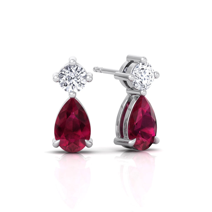 Natural Round Diamond & Pear Red Ruby Drop Earrings, White, Backing