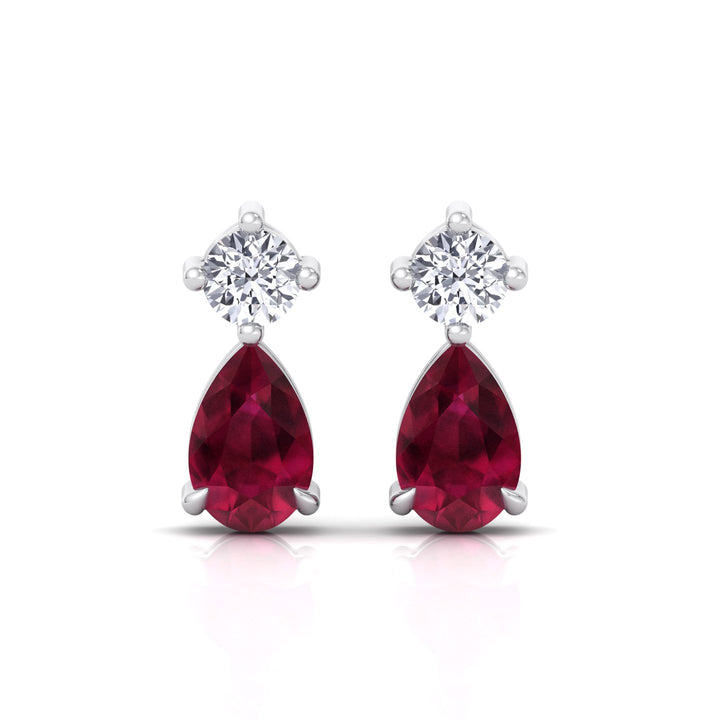 Natural Round Diamond & Pear Red Ruby Drop Earrings, White, Front